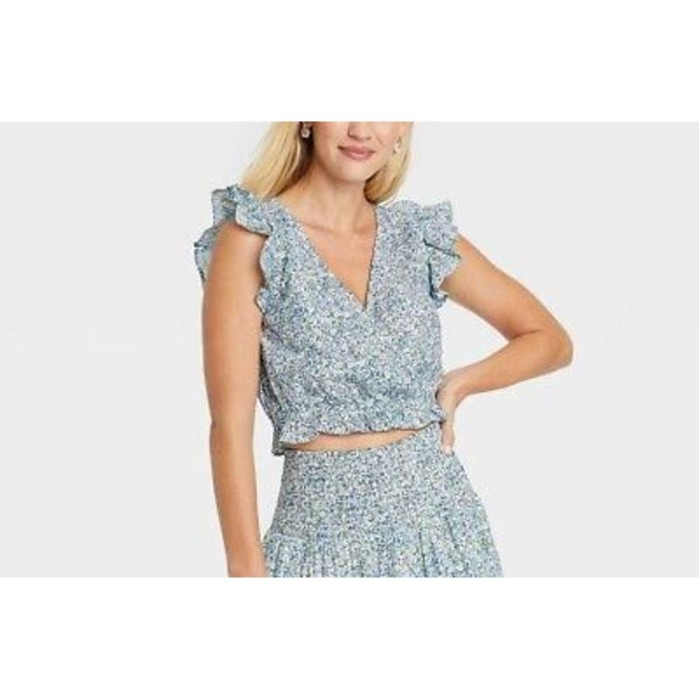 Medium Womens Universal Thread Juniors Flutter Sleeveless Cropped Wrap Top